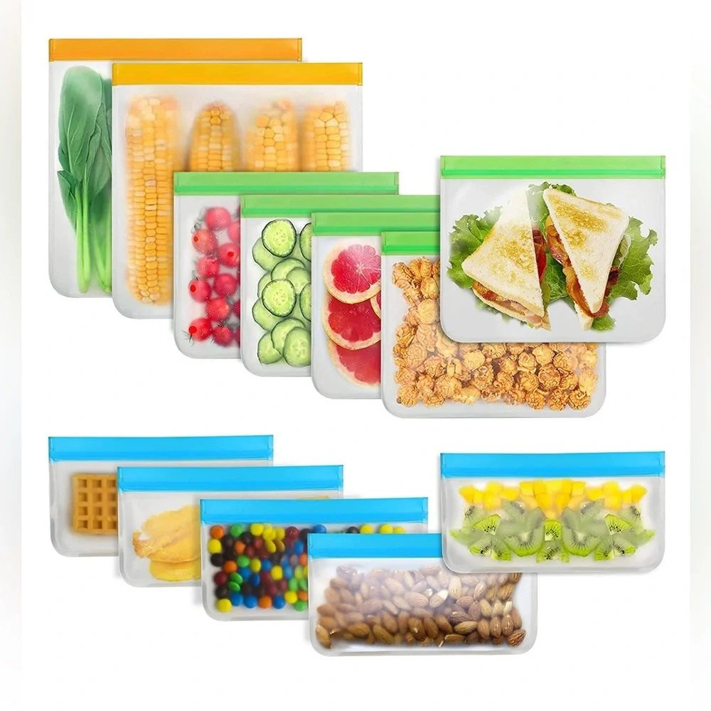 New! 12 Pack Reusable Food Storage Bags BPA Free Double Zipper Leakproof Freezer